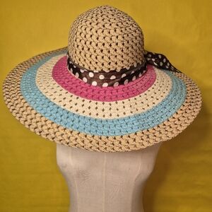 Colorful Straw Sun Hat with Polka Dot Ribbon